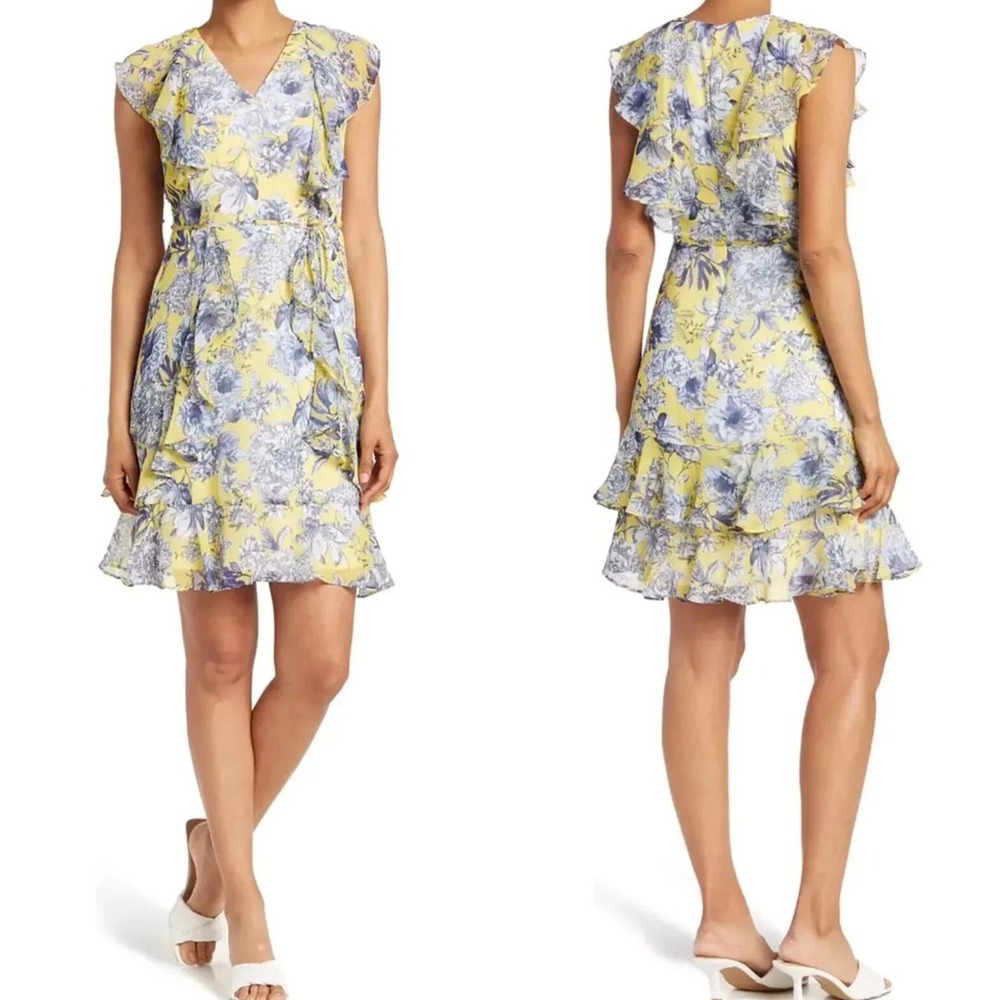 Tommy Hilfiger Yellow Blue Floral Chiffon Ruffle Tie Waist Cottage Whimsy 12 NEW
